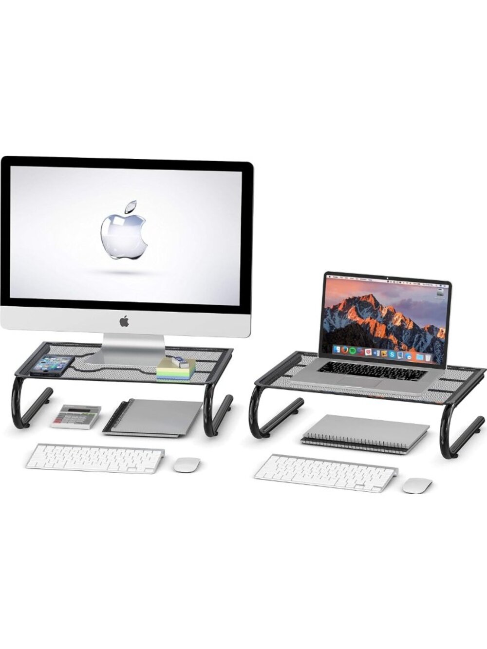 Stylish Mesh Monitor Stand Riser - Black, 2 Pack for Desk Organization & Comfort